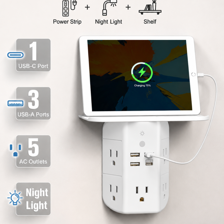 Outlet Extender Surge Protector with Shelf and Night Light