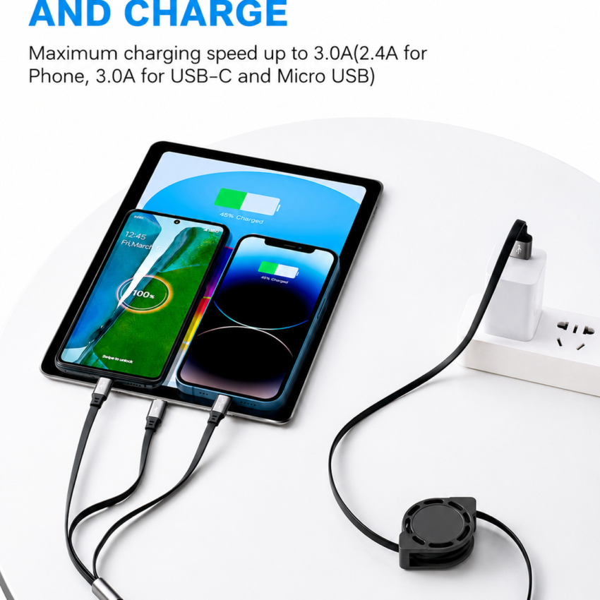 Retractable Multi Charging Cable with Fast USB Ports